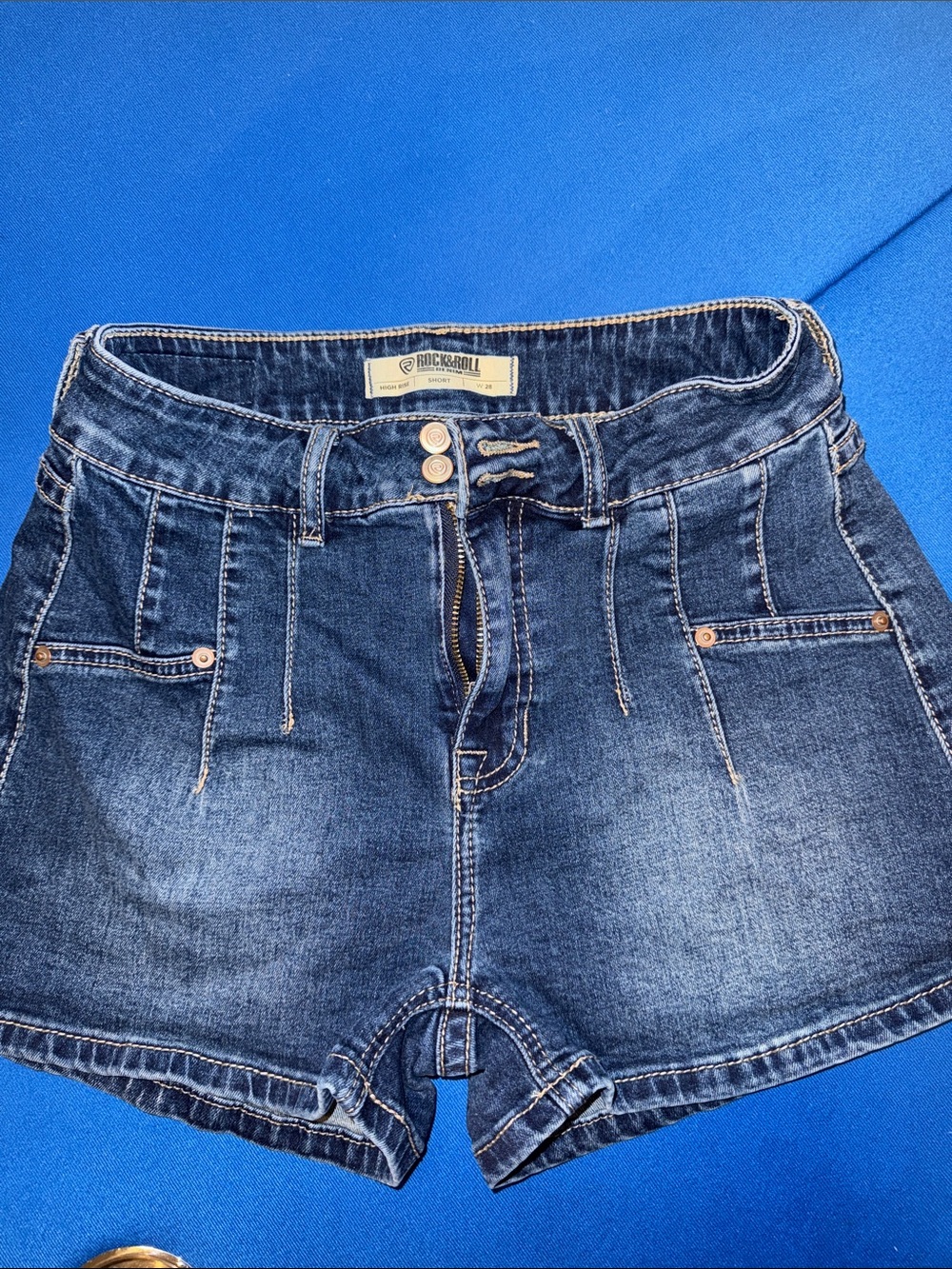 Rock & Roll Denim High-Rise Jean Shorts in Dark Blue Wash